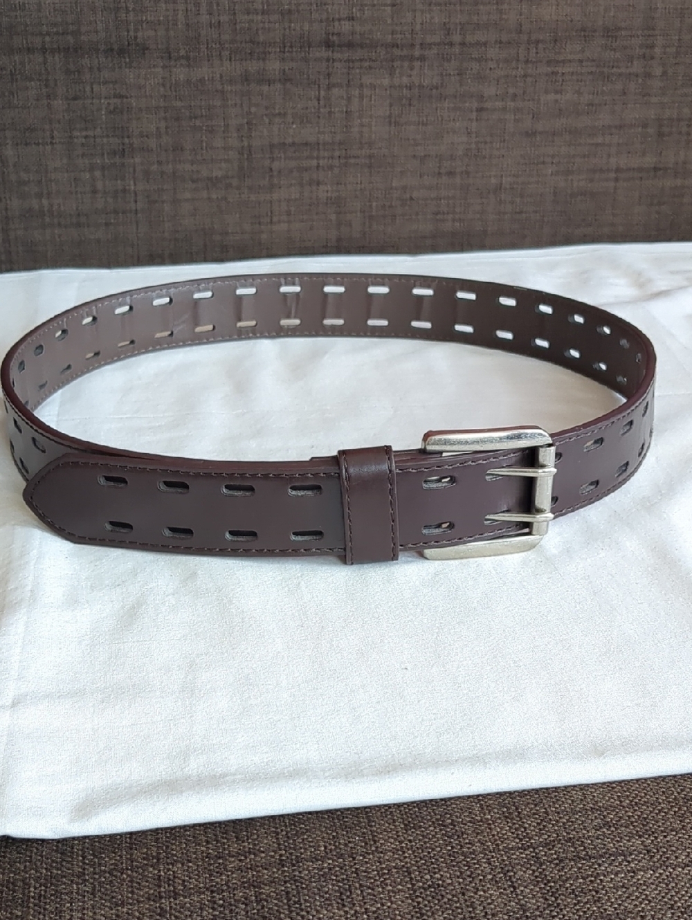 Belt Brown Leather Stitched Double-Row Perforation/Prong Metal Buckle OS Unisex